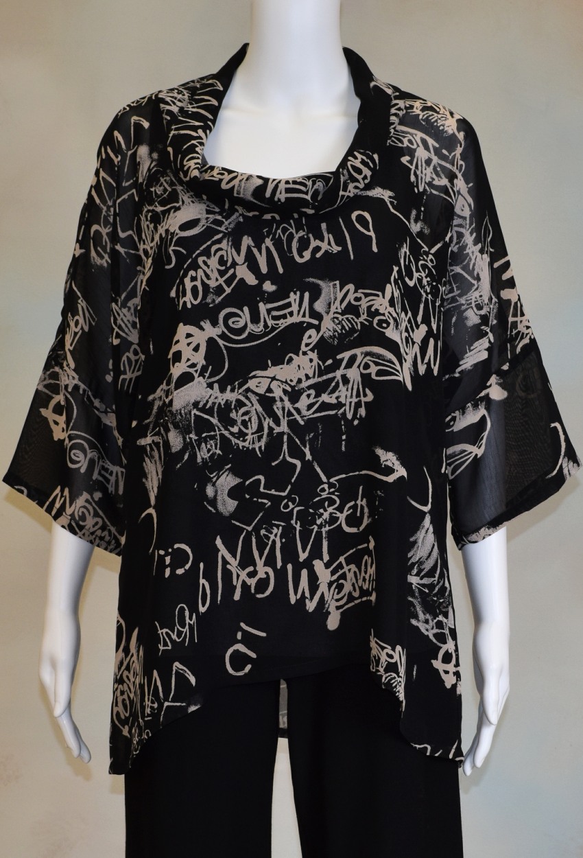 Scribble Print Cowl Neck Dolman Tunic